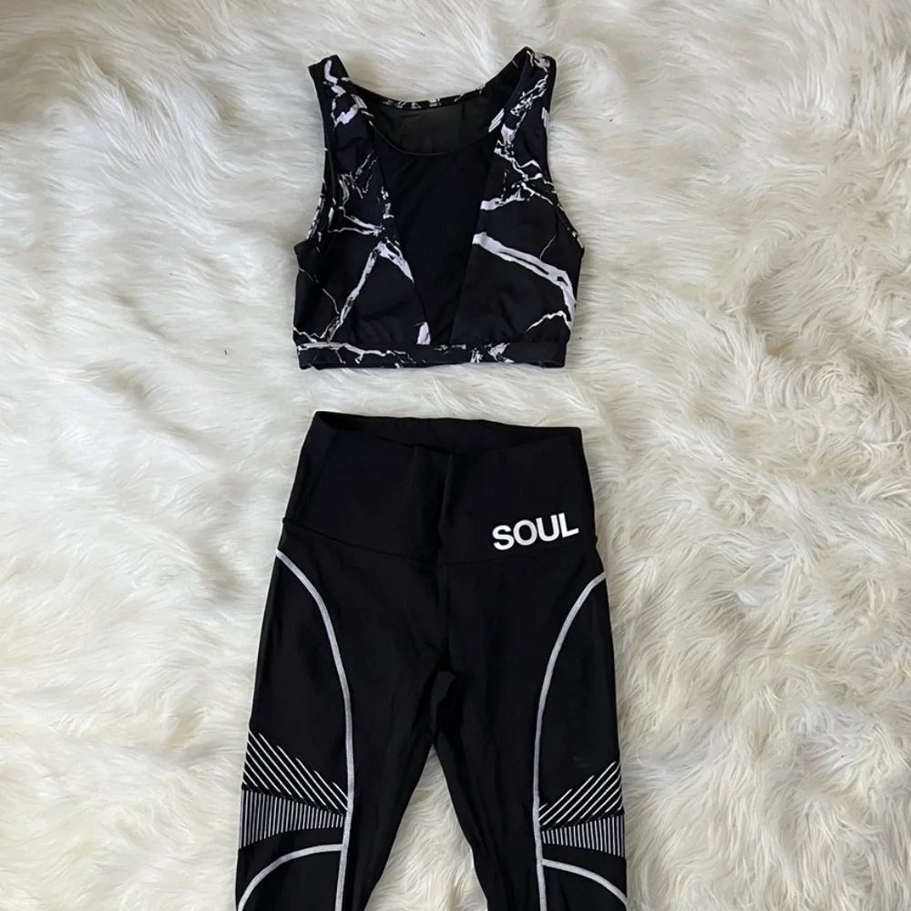 Lululemon + Soul Yoga Pants with Mesh Varley Marble Crop Top Workout Set - Picture 1 of 3